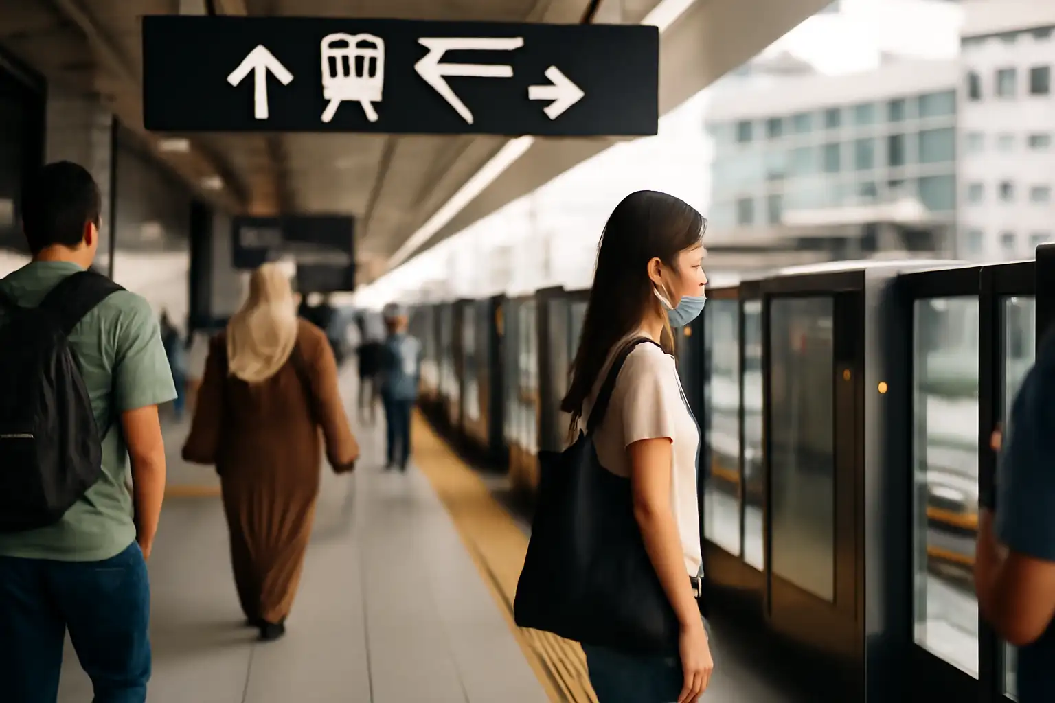 駅のホームで電車を待つ人と車両