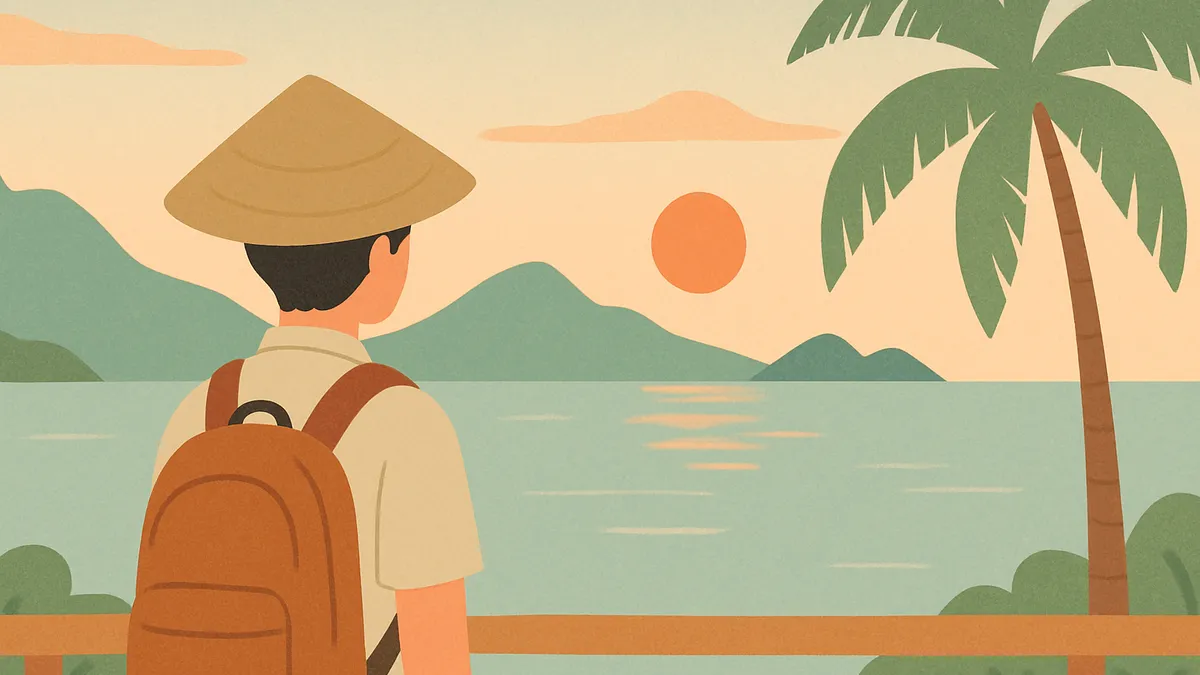 コタキナバルの海辺から遠くの山並みと夕暮れを眺める旅行者