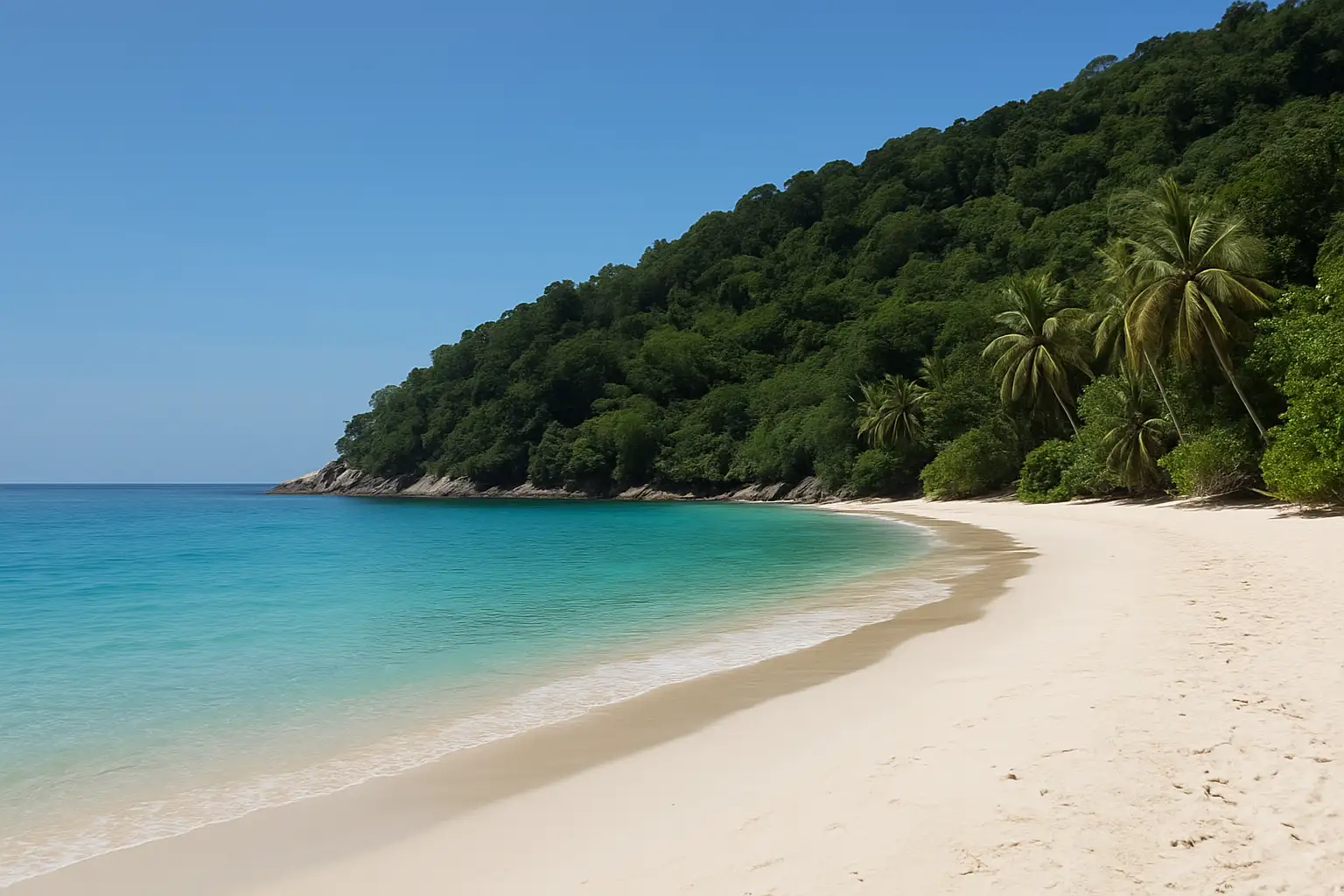 ランカウイの海辺とヤシの木のあるビーチをのんびり歩く旅行者