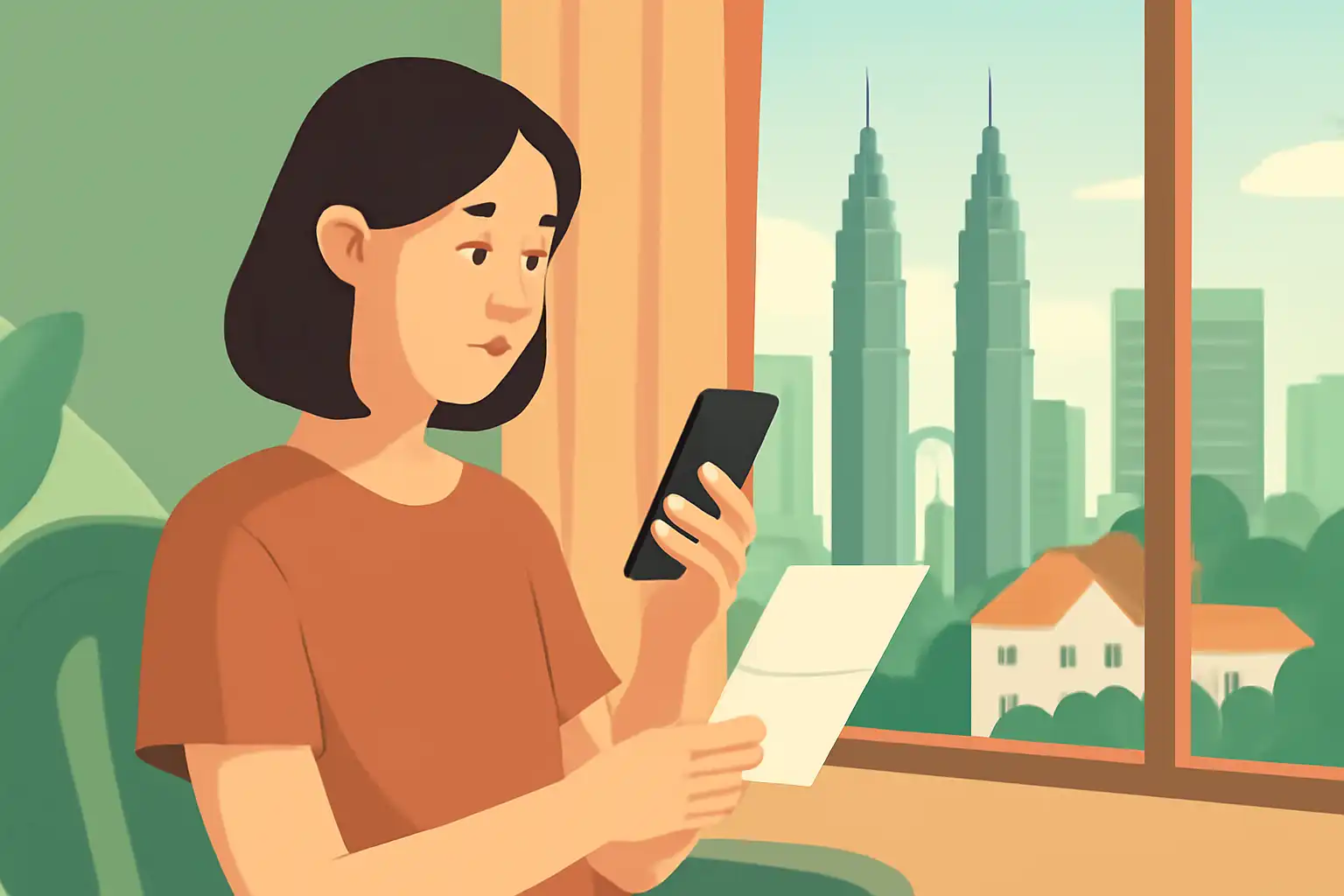 マレーシアのコンドの窓から街並みを見つつ、スマートフォンで手続きを進める女性